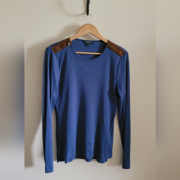 Ralph Lauren Tops - Ralph Lauren Suede Trimmed Ribbed Top, Women's XL, Rich Country Blue
